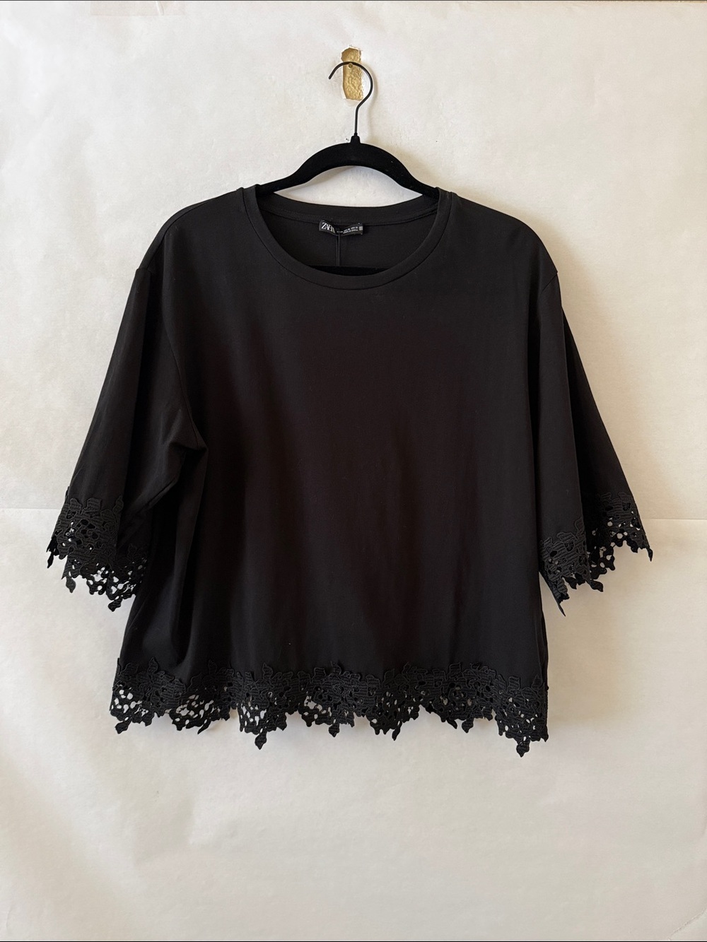 Zara Black Lace Trim Blouse Sz XL Cotton Short Sleeve Boxy Witchy NWT Minimalist - Picture 5 of 16